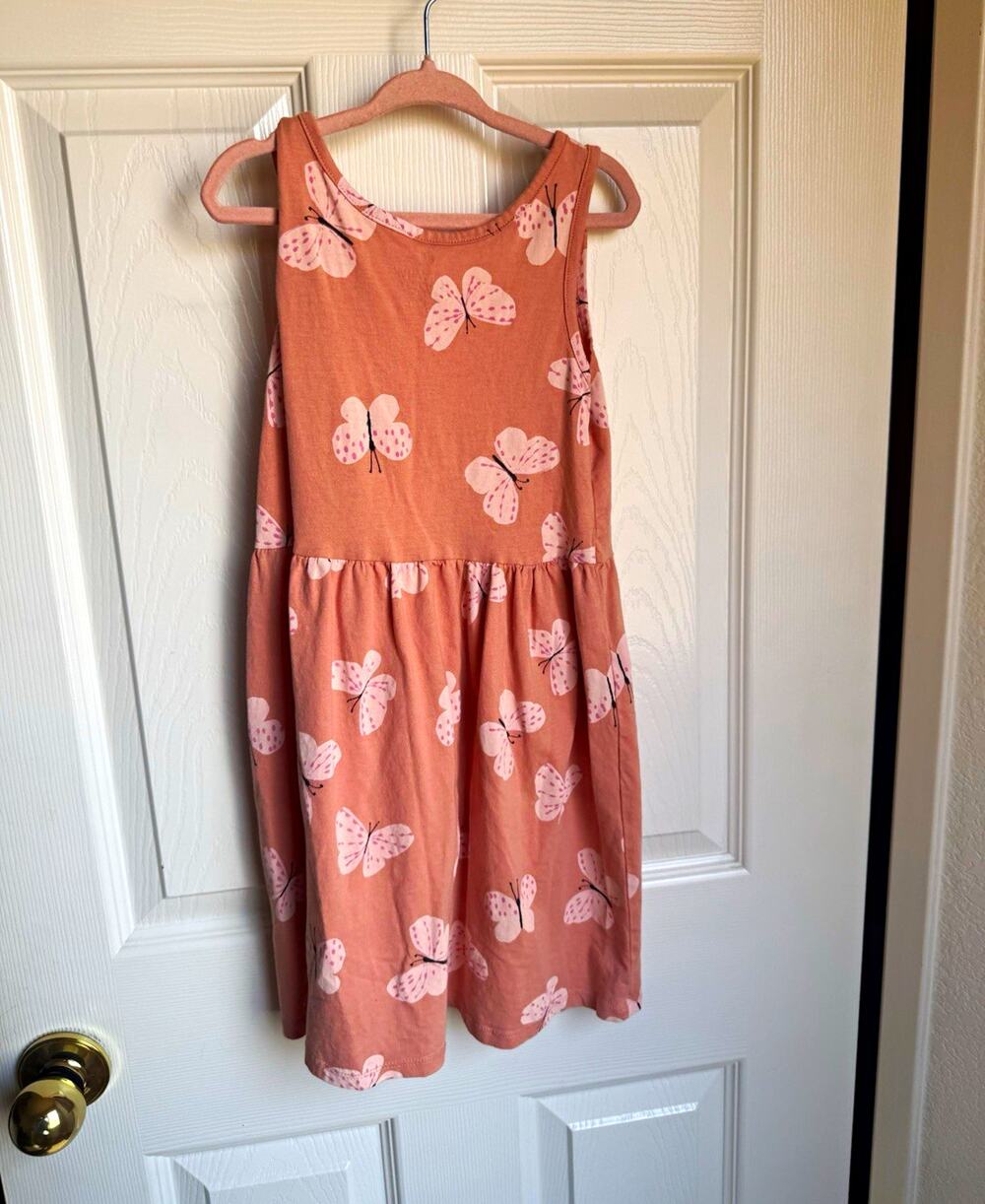 H&M Girls 6-7Y Pink Butterfly A-Line Cotton Knee Dress Sleeveless Round Neck